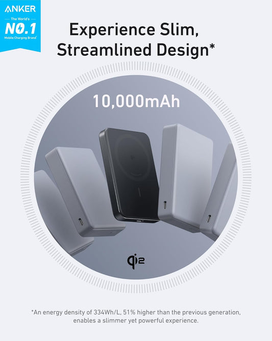 Anker MagGo Slim Wireless External Battery, 10000mAh, 30W, PD + FQI, 1 x QI - 1 x USB-C, Black A1664H11 